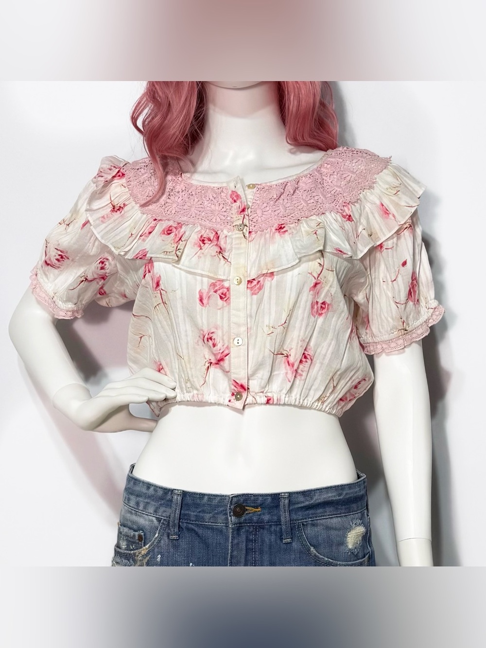 NWT LoveShackFancy Pink & Cream Floral Ruffled Cropped Blouse | Size M - Picture 2 of 6